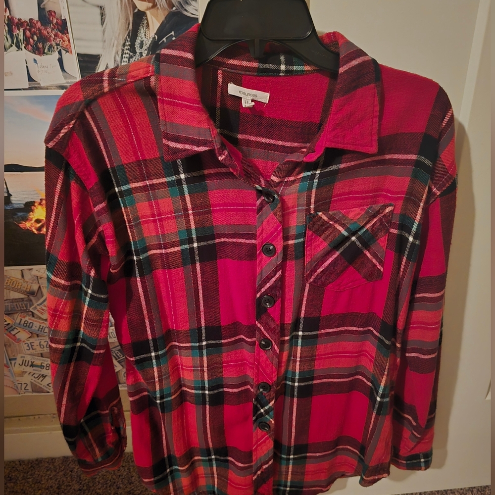 Maurices XS Boyfiend Plaid Button Down Shirt - Red, Green, Black
